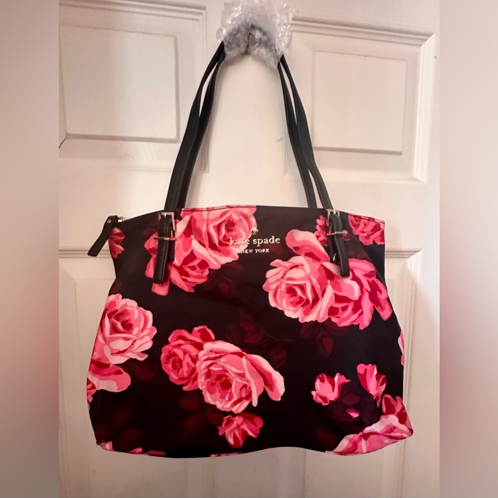 Kate Spade Nylon Rose Black and Pink Floral Medium Tote Purse Bag